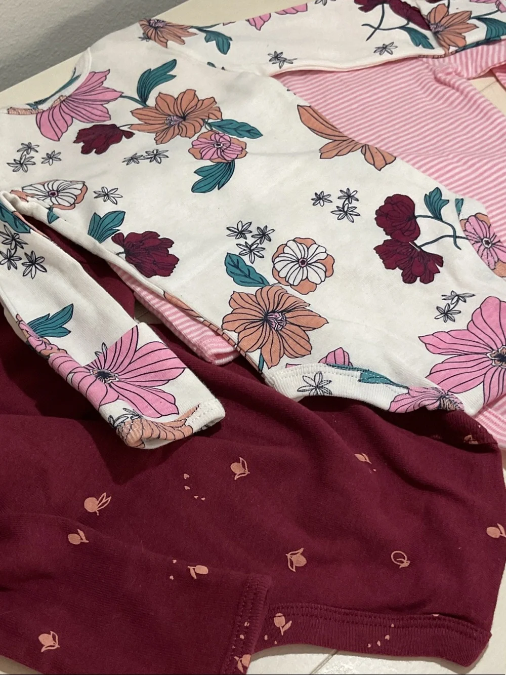 Carter's Long-Sleeve Bodysuit Set - Pink, Burgundy & White Floral NWOT